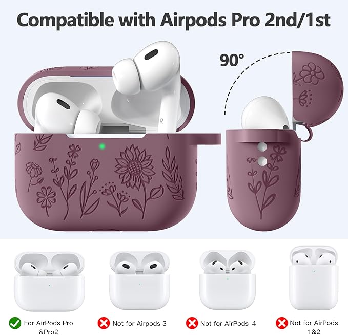 Hamile for AirPods Pro 2nd Generation Case with Cleaner Kit & Keychain, Cute Flower Engraved Soft Silicone Protective AirPods Pro 2 Case Cover for Apple AirPod Pro 2nd/1st Generation Smoky Purple
