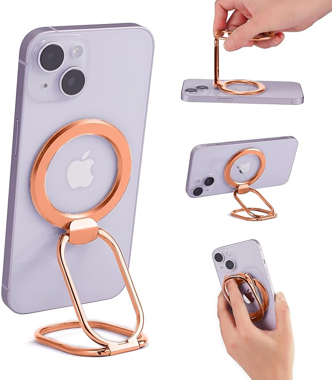 Magnetic Phone Ring Holder Stand for MagSafe Adjustable Phone Finger Grip Removable Ring Kickstand MagSafe Accessories for iPhone16/15/14/13/12 Rose Gold