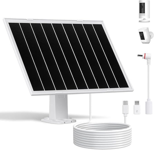 8W Solar Panel for Security Camera,Waterproof Outdoor Solar Charger with DC&Micro USB&USB-C Port for Ring/Eufy/Wyze Rechargeable Battery Camera, 9.5ft Cable, 360° Adjustable Bracket