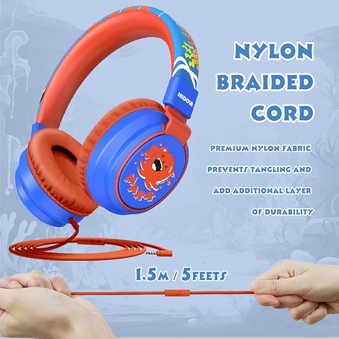 MIDOLA Kids Headphones Volume Limited 85/110dB for Over-Ear Foldable Sound Protection Headset with Mic Inline AUX 3.5mm Cord for Child School Travel Tablet Pad Notebook Cartoon Blue
