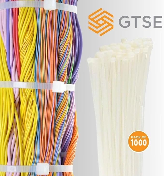 GTSE 12 Inch White/Clear Zip Ties, 1,000 Bulk Pack, 50lb Strength, UV Resistant Long Nylon Cable Ties, Self-Locking 12" Tie Wraps