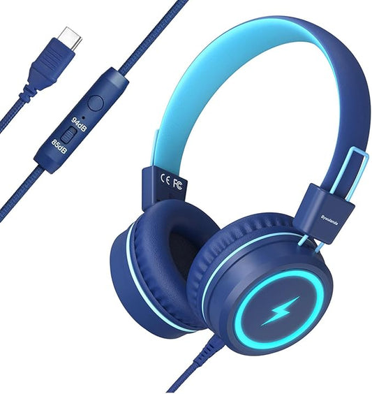 Kids Headphones with LED Lights for School, Upgrade USB Type C Kid Headphone with Microphone, Volume Limiter 85/94dB, Wired On Ear Headphones for Boys/Girls/Tablet/Travel -Blue
