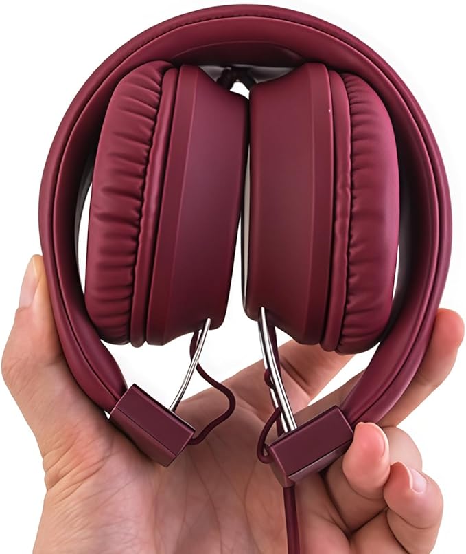 Olyre Kids Headphones,Wired Toddler Teens On-Ear Headphones with HD Microphone,94dB Volume Limit,Tangle-Free 3.5mm Jack Foldable Stereo Children Earphones for School,Tablet,Plane Travel Wine Red