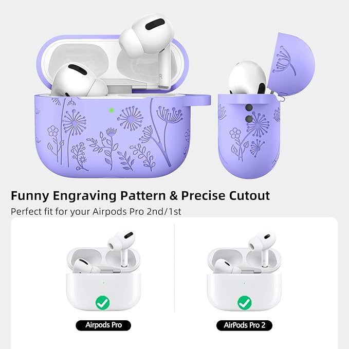 Lerobo Flower Engraved Cover for Airpods Pro 2nd 1st Generation Case USB C, Cute Soft Silicone Skin Full Protective Cover Compatible with Apple AirPods Pro/Pro 2 Case, Front LED Visible, Bluish Violet