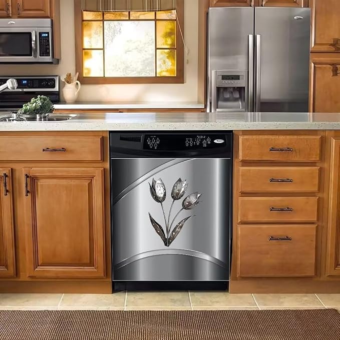Gray Metallic Flower Pattern Magnet Dishwasher Cover Stainless Steel Magnetic Cover, Kitchen Dishwasher Door Magnet Cover Panel Refrigerator Decortive Sticker (23" x 26" Magnetic)