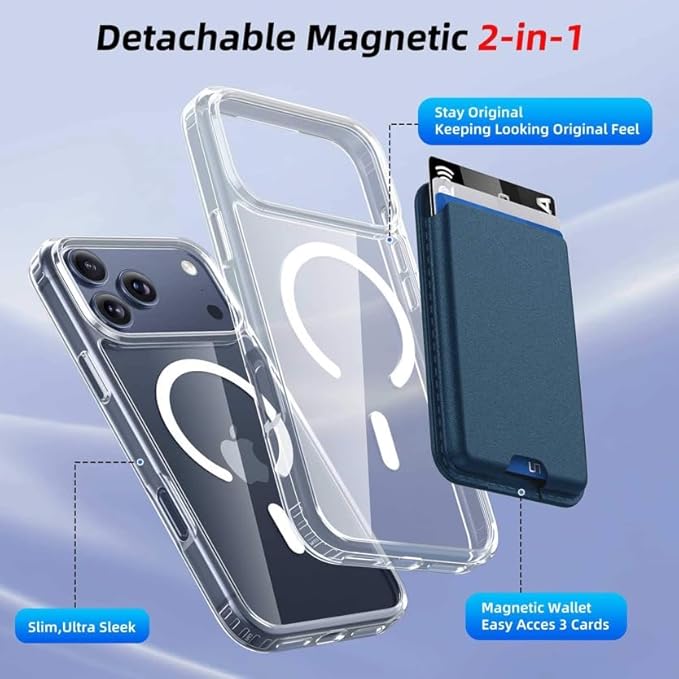 Magnetic for iPhone 17 Pro Max Clear Case with Blue Detachable Wallet, Compatible with MagSafe, Credit Card Holder with Slim Shockproof Protective Phone Cover
