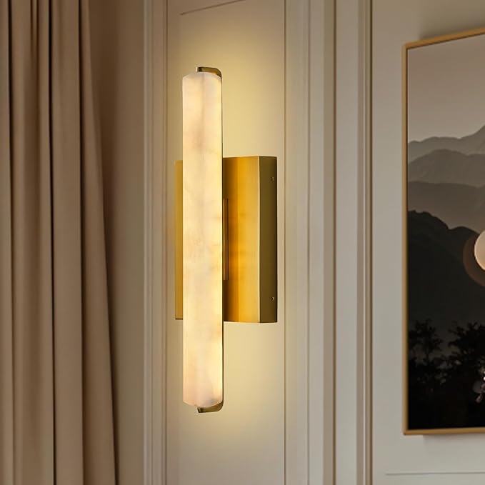 Alabaster Wall Sconces, 15" Brass Alabaster Sconce, Spanish Natural Marble Bathroom Vanity Sconces, Rectangle Modern Sconces Lighting for Bedroom Living Room Staircases Hallway