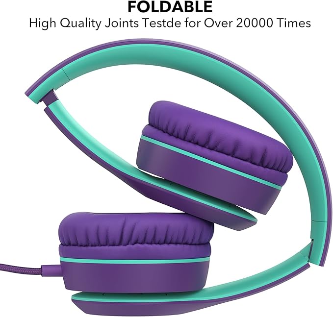 RORSOU K5 Kids Headphones with Microphone for shchool, Volume Limiter 85/94dB, Foldable Stereo Tangle-Free 3.5mm Jack Wired Cord On-Ear Headphones for Children/Boys/Girls/Kindle/Tablet/MP3/4 (Purple)