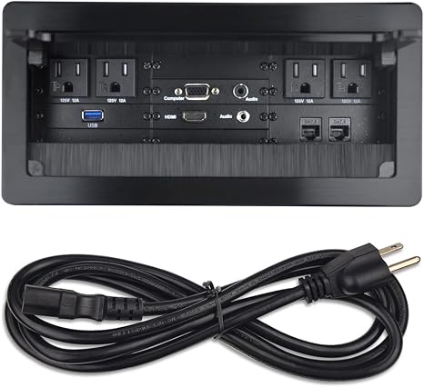 Table Power Brush Connectivity Box with 4 AC Power + 2 RJ45（CAT6） + 2 Audio 3.5mm + 1 VGA + 1 HDMI + 1 USB 3.0 (Female to Female) with 5.58ft Power Cord (Black)