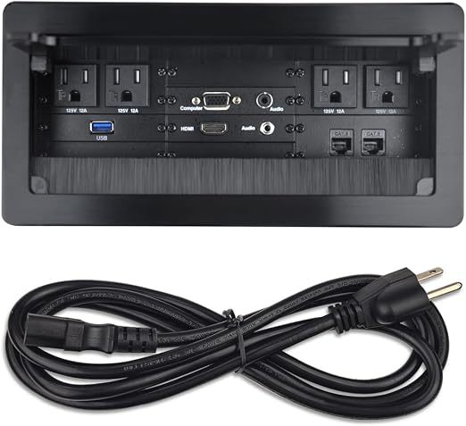 Table Power Brush Connectivity Box with 4 AC Power + 2 RJ45（CAT6） + 2 Audio 3.5mm + 1 VGA + 1 HDMI + 1 USB 3.0 (Female to Female) with 5.58ft Power Cord (Black)