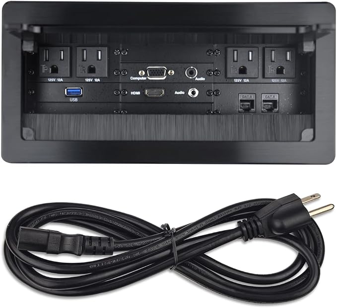 Table Power Brush Connectivity Box with 4 AC Power + 2 RJ45（CAT6） + 2 Audio 3.5mm + 1 VGA + 1 HDMI + 1 USB 3.0 (Female to Female) with 5.58ft Power Cord (Black)
