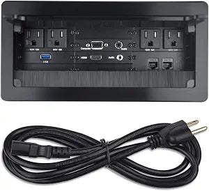 Table Power Brush Connectivity Box with 4 AC Power + 2 RJ45（CAT6） + 2 Audio 3.5mm + 1 VGA + 1 HDMI + 1 USB 3.0 (Female to Female) with 5.58ft Power Cord (Black)