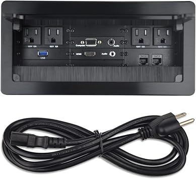 Table Power Brush Connectivity Box with 4 AC Power + 2 RJ45（CAT6） + 2 Audio 3.5mm + 1 VGA + 1 HDMI + 1 USB 3.0 (Female to Female) with 5.58ft Power Cord (Black)