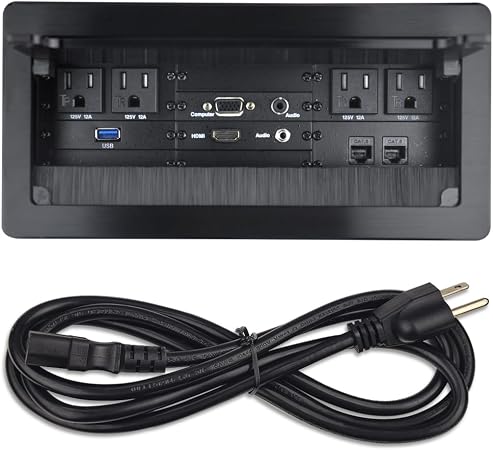 Table Power Brush Connectivity Box with 4 AC Power + 2 RJ45（CAT6） + 2 Audio 3.5mm + 1 VGA + 1 HDMI + 1 USB 3.0 (Female to Female) with 5.58ft Power Cord (Black)