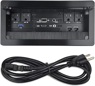 Table Power Brush Connectivity Box with 4 AC Power + 2 RJ45（CAT6） + 2 Audio 3.5mm + 1 VGA + 1 HDMI + 1 USB 3.0 (Female to Female) with 5.58ft Power Cord (Black) - Image 1
