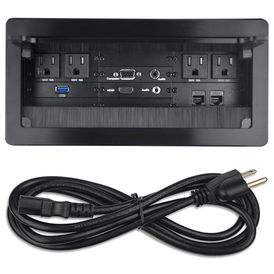 Table Power Brush Connectivity Box with 4 AC Power + 2 RJ45（CAT6） + 2 Audio 3.5mm + 1 VGA + 1 HDMI + 1 USB 3.0 (Female to Female) with 5.58ft Power Cord (Black)