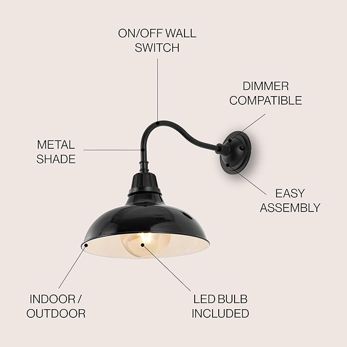 JONATHAN Y JYL7613B Aurora 12.25" 1-Light Farmhouse Industrial Indoor/Outdoor Iron LED Gooseneck Arm Outdoor Sconce Metal Bowl Shade Vintage Cottage Rustic Porch Patio Yard Barn, Black