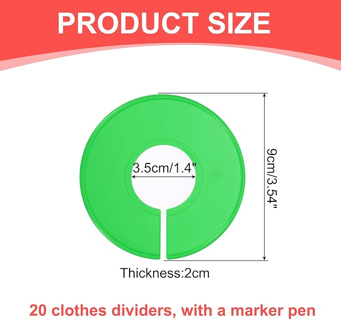 uxcell Clothes Dividers,20 Pack Round Closet Rack Dividers Clothing Rack Size Dividers Blank Labels with Marker Pen Writable & Reusable for Hanging Clothes Sorting Size, Green