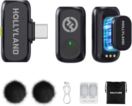 Hollyland Lark A1 Wireless Microphones for iPhone 15/16/17 & Android, 48kHz/24-bit, 3-Level Intelligent Noise Cancel, Magnetic Mini Microphone for YouTube,Podcast,Tiktok and Vlog (2TX + USB-C RX)