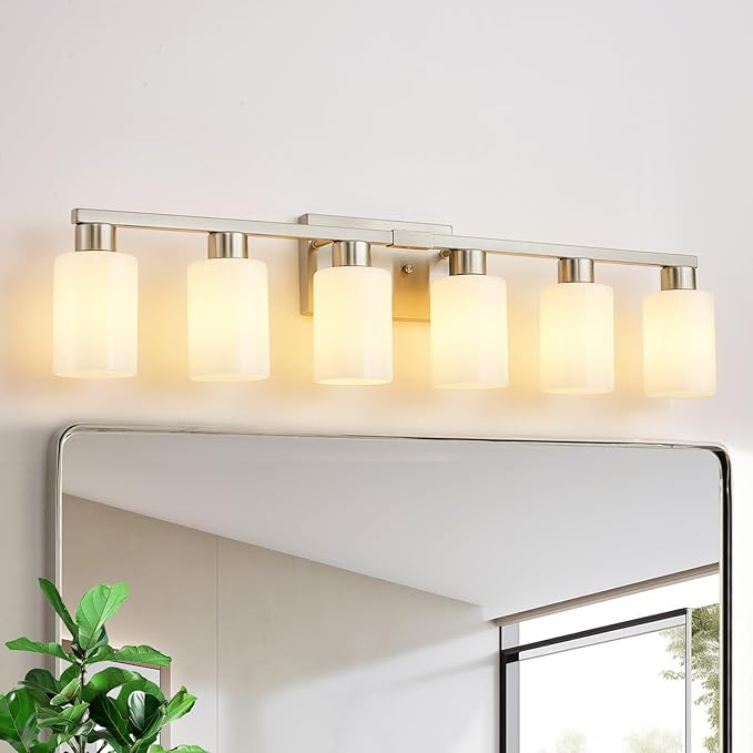 6-Light Bathroom Vanity Light, Brushed Nickel Fixture with Milky White Frosted Glass Shades, Large Over-Mirror Lighting for Bathroom, Modern Vanity Lights