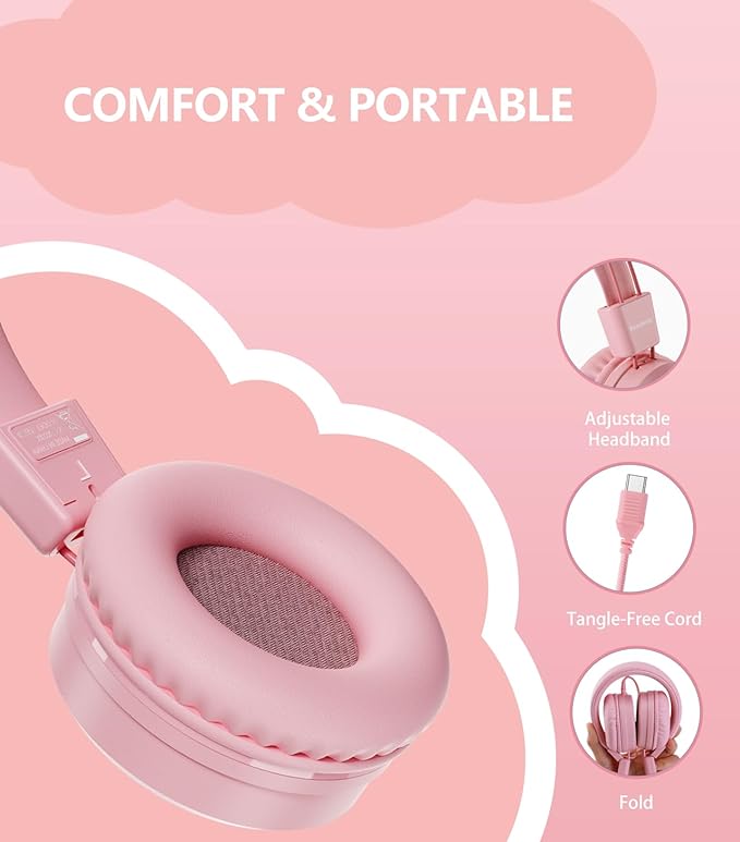 Upgrade USB Type C Kids Headphone for School, 94dB Safe Volume Limited, HD Stereo Sound, Foldable Lightweight On-Ear Headphones for Boys/Girls/Students/Tablet/Travel(Light Pink)
