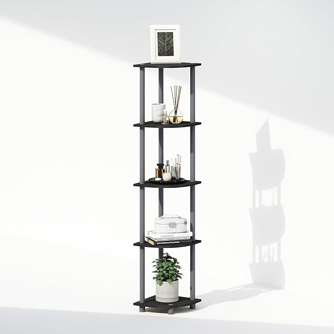 Furinno Turn-N-Tube Corner Shelf, 5-Tier Corner Display Rack, Shelving Unit, for Organization and Storage, Living Room, Home Office, Garage, Bedroom, Black
