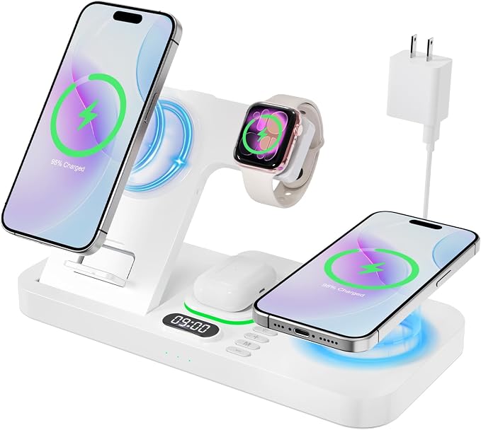 Dual Phone Magnetic Wireless Charging Station for Apple Devices/Apple Ecosystem,with Auto-Switch 7-Color Light & Clock, Compatible with iPhone 17/16/15, for iWatch 11/10/9 & AirPods Pro3（Cream