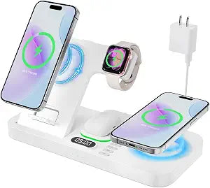 Dual Phone Magnetic Wireless Charging Station for Apple Devices/Apple Ecosystem,with Auto-Switch 7-Color Light & Clock, Compatible with iPhone 17/16/15, for iWatch 11/10/9 & AirPods Pro3（Cream