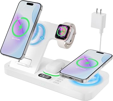 Dual Phone Magnetic Wireless Charging Station for Apple Devices/Apple Ecosystem,with Auto-Switch 7-Color Light & Clock, Compatible with iPhone 17/16/15, for iWatch 11/10/9 & AirPods Pro3（Cream