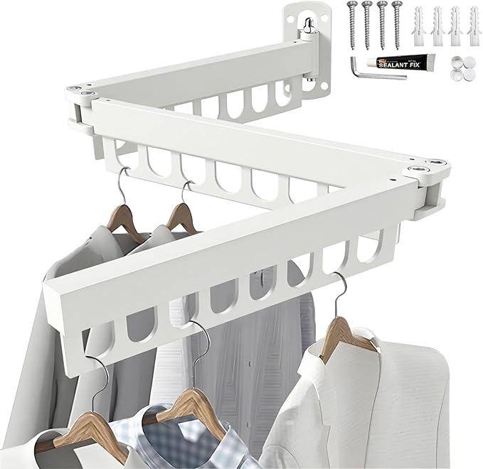 Clothes Drying Rack Laundry Space Saver Wall Mounted, Retractable, Collapsible(Tri-Fold), White Color Rack Clothing (with Screws)