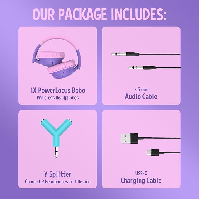 PowerLocus Kids Wireless Headphones, Bluetooth Kids Headphones LED Lights Over Ear with 74/85/94dB Volume Limited, 45H Playtime,Built-in Mic, Two Device Share Mode, HD Stereo for Travel/PC/Tablet