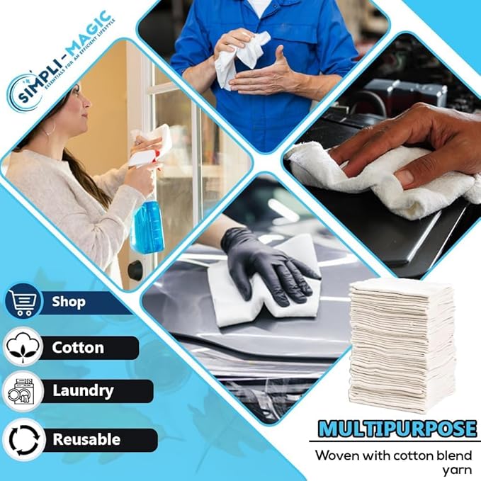SIMPLI-MAGIC Cotton Shop Towels 14"x12" (150 Pack) – Reusable Cleaning Shop Rags for Automobiles, Industries, Garage and Homes (Blue)