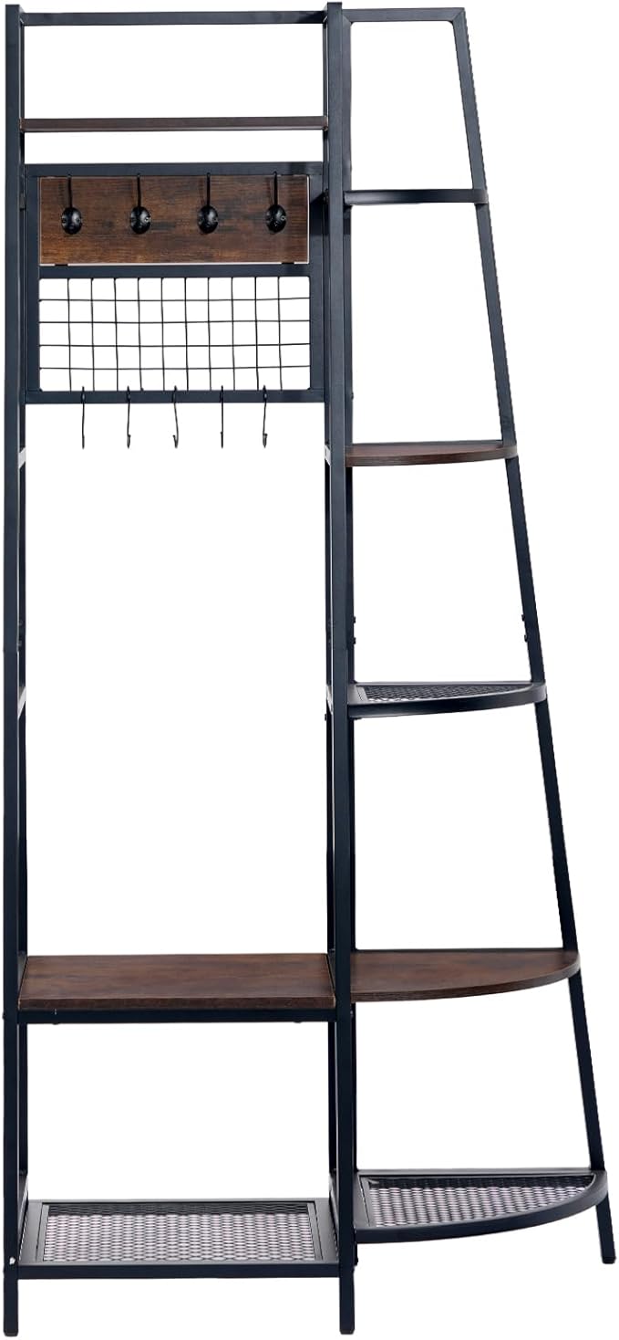 DOEWORKS Entryway Hall Tree with Storage Shelves, Freestanding Industrial Storage Rack Organizer Tower with Hooks, Rustic Brown