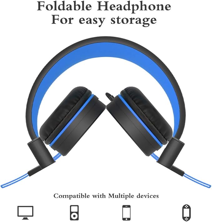 ELECDER i37 Kids Headphones Children Girls Boys Teens Foldable Adjustable On Ear Headphones 3.5mm Jack Compatible Cellphones Computer MP3/4 Kindle School Tablet Black/Blue