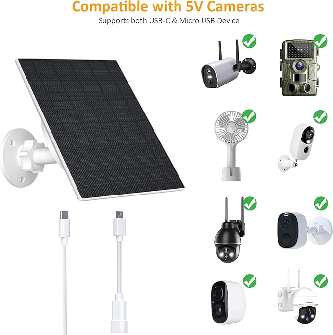 Zivif 10W Solar Panel for Security & Trail Cameras, 10400mAh Built-in Battery, 5V Outdoor Solar Charger with USB-C Cable, Micro-USB Adapter Plug, IP66 Waterproof, 360° Adjustable Mount
