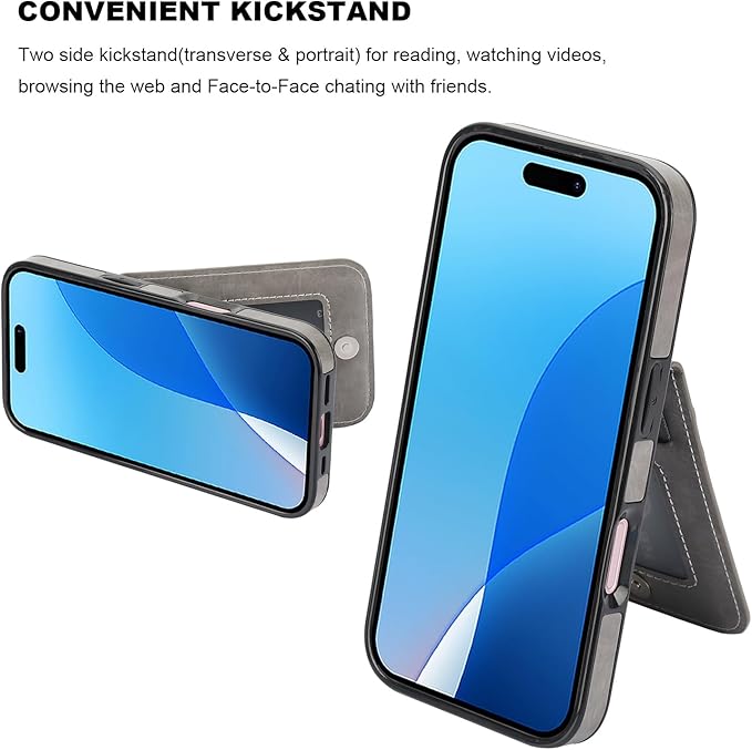 KIHUWEY Compatible with iPhone 16 Case Wallet with Credit Card Holder, Flip Premium Leather Magnetic Clasp Kickstand Heavy Duty Protective Cover for iPhone 16 6.1 Inch (Gray)