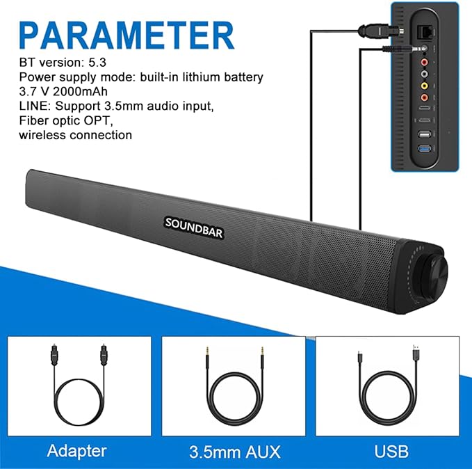 Portable Soundbar for TV/PC, Outdoor/Indoor Wired & Wireless Bluetooth 5.0 Speaker with Remote Control and Optical Cable, 30W Home Theater Sound bar with Built-in Subwoofers for Projector