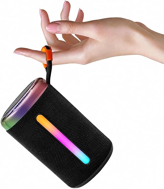 Portable Bluetooth Speaker with Vivid RGB LED Light Show, Textured Fabric Compact Wireless Speaker, Rich Bass, Outdoor/Indoor/Party, Perfect for Gift (Black)