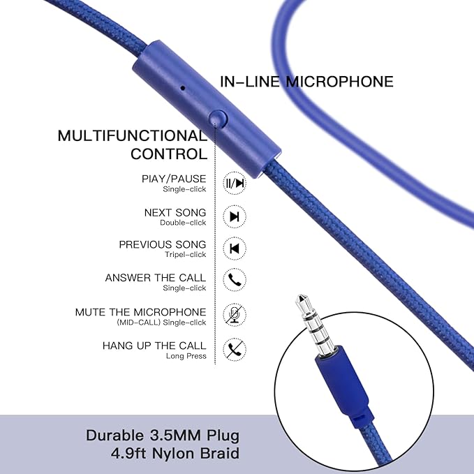 Olyre Kids Headphones, Toddler Headphones with Cord for School Plane Travel, Lightweight Stereo Wired Children Earphones with HD Microphone for Boys Girls for Computer Cellphone Tablet - Blue