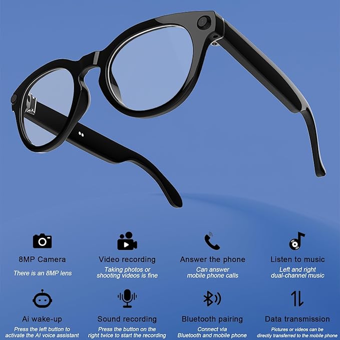 AI Bluetooth Smart Glasses with Camera, 1200P Video Recording Glasses, 8MP Anti-Shake Camera Glasses, Voice Assistant, Supports Photo/Video/Audio Recording, with AI Assistant & Real-Time Translation