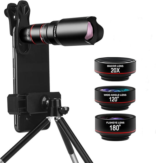 Cell Phone Camera Lens Kit, 6 in 1 Phone Lens Kit, 22x Telephoto Lens, 180° Fisheye Lens, 120° Super Wide-Angle Lens, 20x Macro Lens with Tripod & Universal Clip for iPhone Android Smartphone