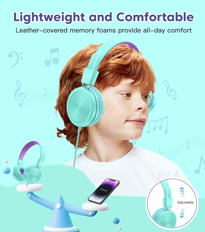 Kids Headphones, Toddler Headphone with Safe Volume Limiter 94dB, Wired School Headphones for Kid, 3.5mm Adjustable On-Ear Headphone for Boys/Girls/Children/Teens/iPad/Computer, Purple Green
