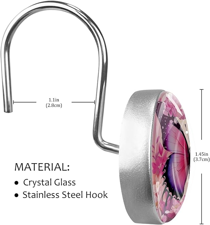 12 Packs Butterfly and Pink Floral Shower Curtain Hooks, Stainless Steel Glass Shower Curtain Rings for Bathroom Decor, Metal Rustproof Curtain Rod Hooks