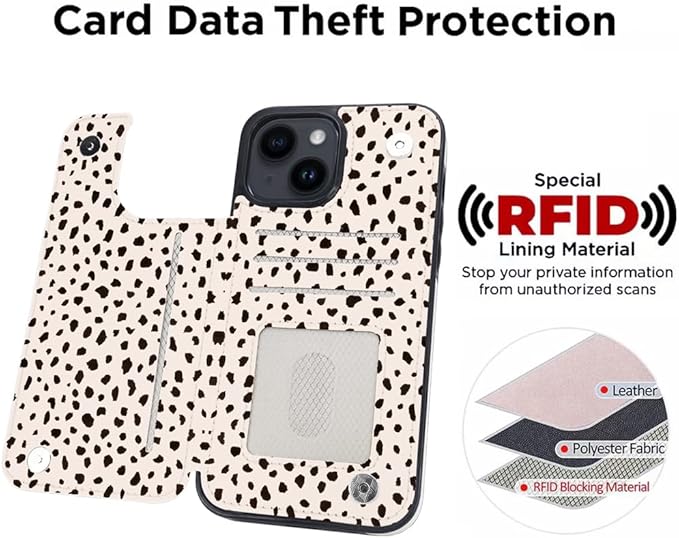 uCOLOR Compatible with iPhone 14/15 Plus 6.7" Wallet Case with Card Holder Slots Folio Flip PU Leather Kickstand Magnetic Clasp and RFID Blocking Cover (Almond Latte Polka Dot)