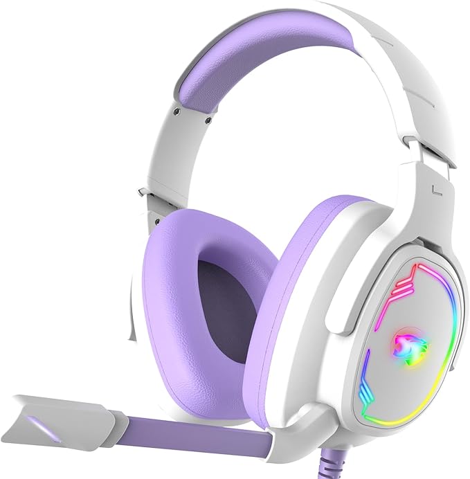 Gaming Headset for PC/PS4/PS5/Xbox One/Switch, Stereo Surround Sound Gaming Headphones with Noise Canceling Flexible Mic, Computer Headset with 3.5mm Jack & RGB Light (WhitePurple)