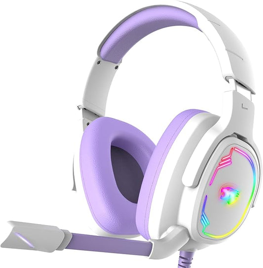 Gaming Headset for PC/PS4/PS5/Xbox One/Switch, Stereo Surround Sound Gaming Headphones with Noise Canceling Flexible Mic, Computer Headset with 3.5mm Jack & RGB Light (WhitePurple)