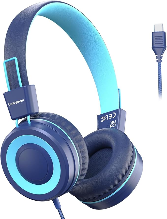 USB Type C Kids Headphones for School, Wired Toddler Headphones, 94dB Volume Limited, HD Stereo Sound, Foldable Lightweight On-Ear Wired Headphones for Kids/Children/Teens/Boys (Dark Blue)