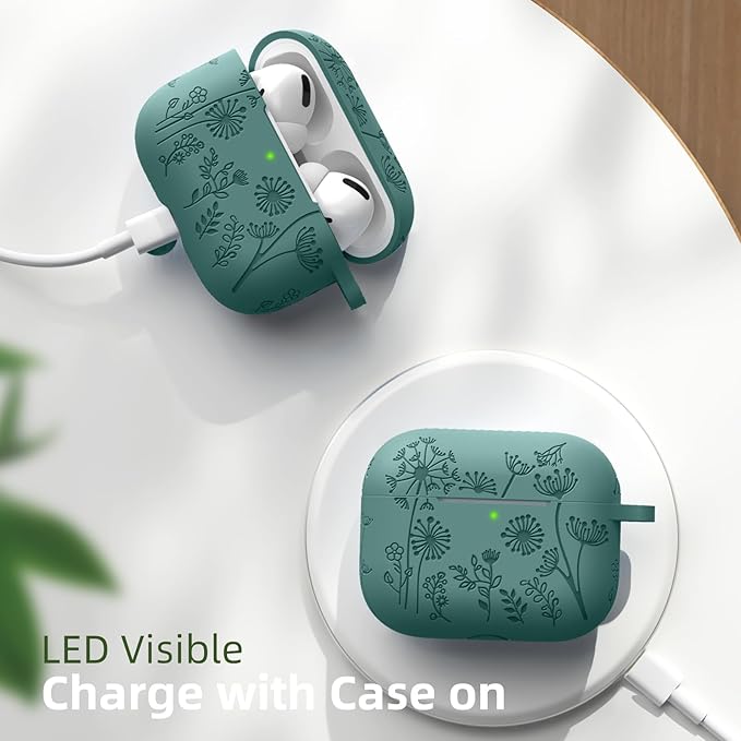 Lerobo for AirPods Pro 2 Case Cover, Flower Engraved Case Compatible with Apple Airpod Pro Case 2nd / 1st Generation, Cute Soft Silicone Protection Cover for Wowen with Keychain Accessories,PineGreen
