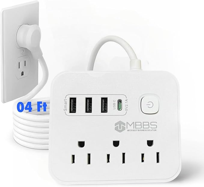 4 ft Surge Protector Power Strip with USB C, 1200J Protection, Heavy Duty Extension Cord – (7-in-1) 3 AC Outlets, 4 USB Ports, LED On/Off Switch – Compact & Travel Friendly – Home, Office (White)