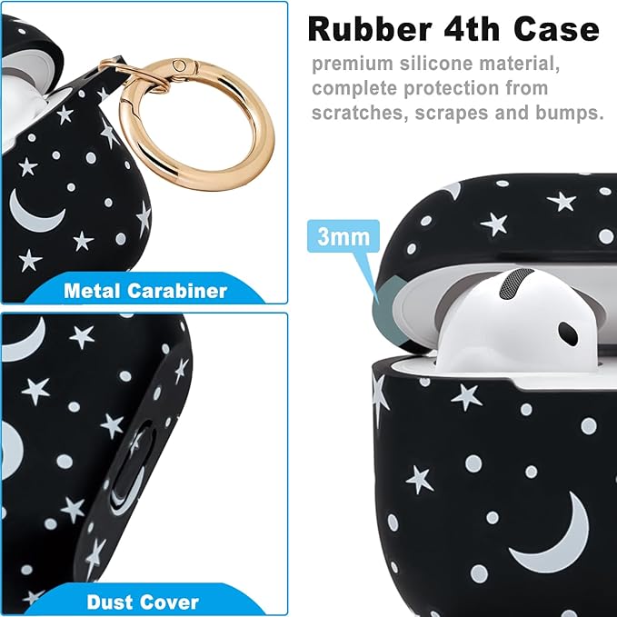 Silicone Leopard AirPods 4 Case 2024, Gawnock Case Cover for Apple Airpods 4th Generation Floral Print Soft Flexible Cover for Air Pod 4th Women Girls, Skin with Keychain - Moon Star